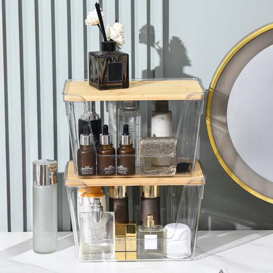 Kitchen Storage Containers with Wood Lid Transparent Plastic Pantry Organizer for Countertop Moisture Proof