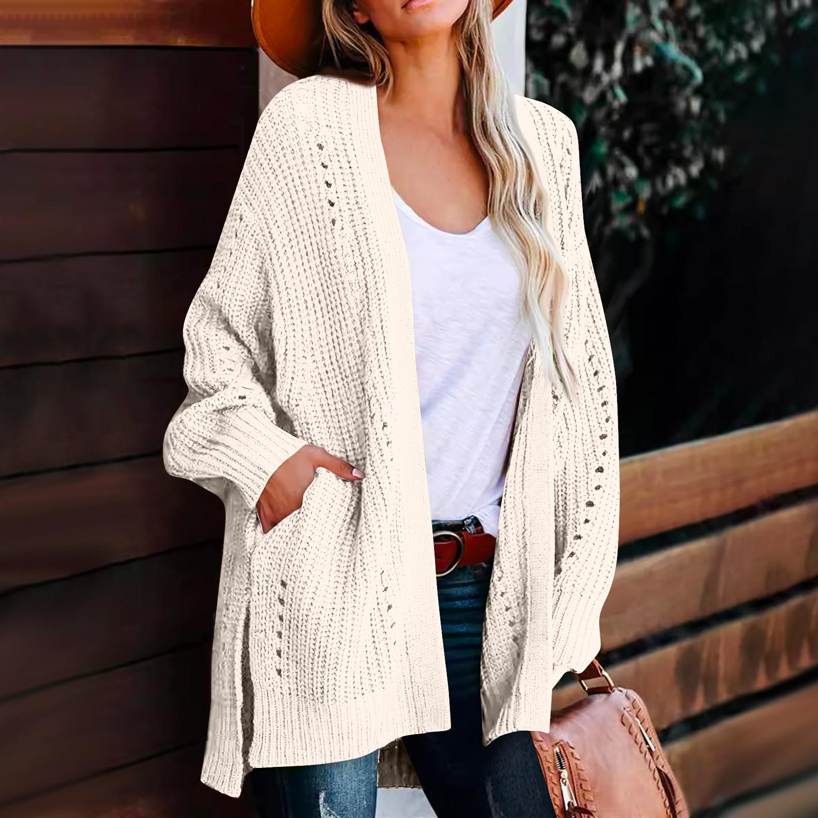 

Женский модный свободный кардиган с длинным рукавом, вязаный индивидуальный однотонный повседневный свитер One Size бежевый