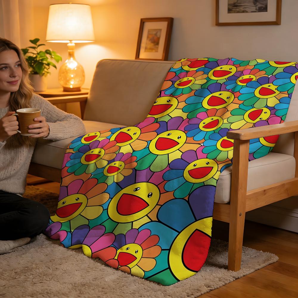 Hochdichte Kurzflor-Decke für Sofa, Nickerchen, Raum, Weich, Hautfreundlich, Lachende Blume, Kunstwerk von Takashi Murakami