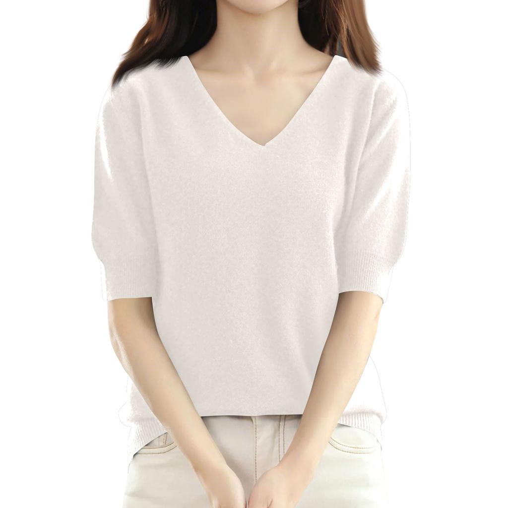 Women's Fashion Loose Knit Sweater Bottom Shirt V-Neck Pullover Sleeves Solid Color Top