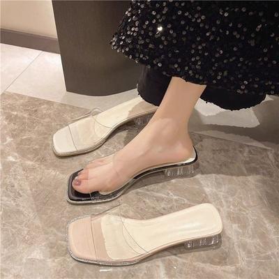 Summer New Slippers Go Out Wearing Square Head Open-toed Sandals Medium Thick Heel High Heels Transparent Crystal One-word Sandals