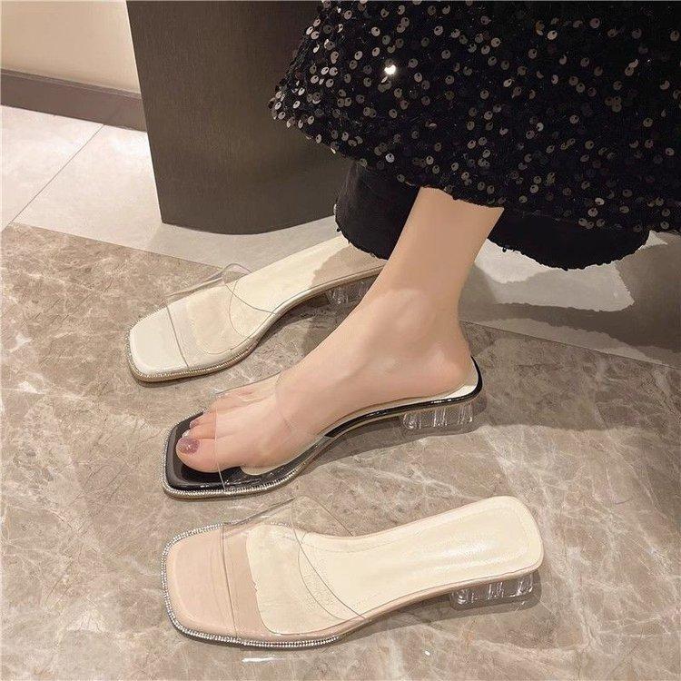 Summer New Slippers Go Out Wearing Square Head Open-toed Sandals Medium Thick Heel High Heels Transparent Crystal One-word Sandals