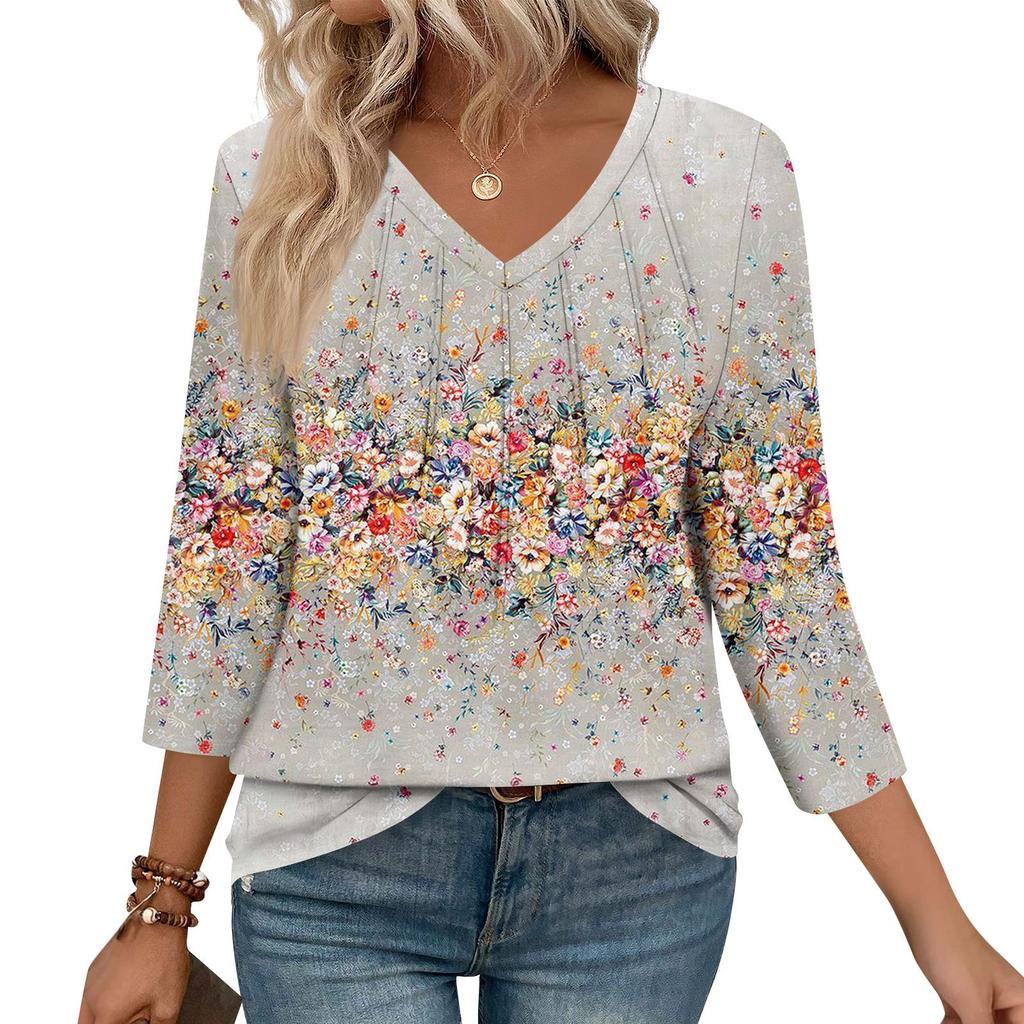 Dámské ležérní topy s výstřihem do V, pruhovaným potiskem a sedmirukávovým střihem