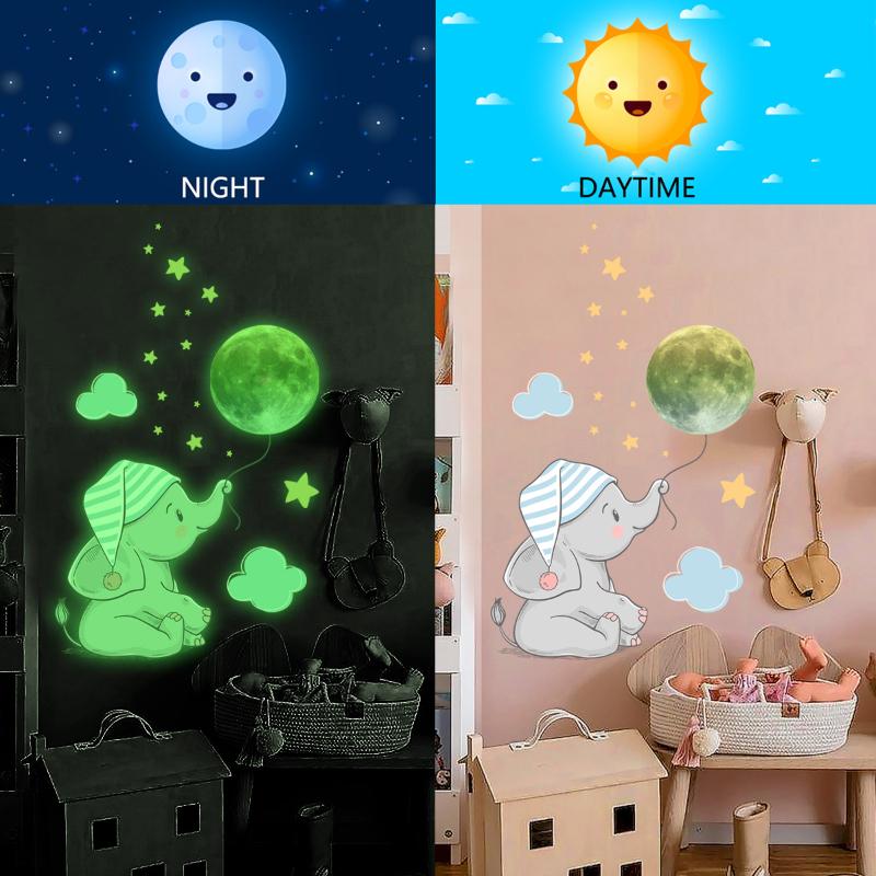 Baby Elephant Moon Luminous Wall Sticker Glow In The Dark Combination Stickers Decals for Baby Kids Room Bedroom Home Decoration