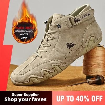 Fashion Men Boots Winter with Fur Warm Handmade Ankle Boots Men Work Hot Sale Snow Shoes Men Split Leather Boots Casual  High Top Loafer