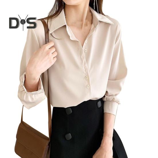 Women Shirt Pure Color Single Breasted Turn Down Collar Plus Size Long Sleeve Cardigan Soft Casual OL Commute Bottom Blouse Lady Top
