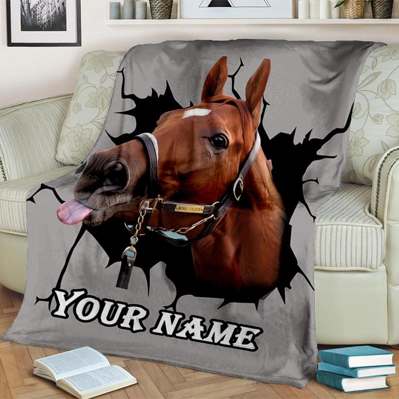 1PC Custom Name Horse Portrait flannel blanket versatile, all-season throw suitable for the living room, bedroom, camping, travel, and gift