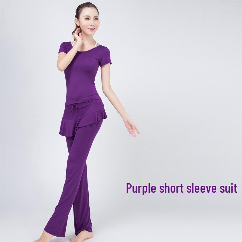 Women's Modal Yoga Set: Short Sleeve Top & Ruffle Hem Skirt with Chest Pad.