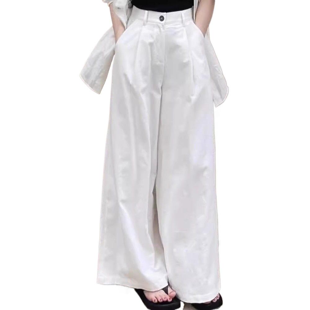Women's White Wide-Leg Denim Pants: Slimming Drape for Spring/Autumn, Pear-Shaped Fit, Loose, Thin Style, Casual Elegance.