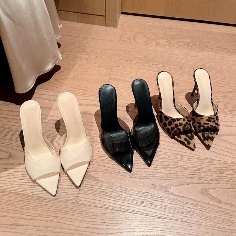 

Тапочки женские летние для улицы модные сандалии весна и лето высокие каблуки шпилька острый носок шлепанцы леопардовый принт юбка 40 телесный