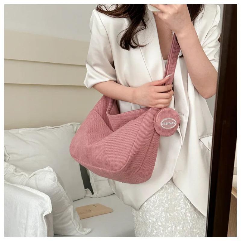 Large Capacity College Girls Simple Book Shoulder Bag Soft Corduroy Female Crossbody Bags Solid Colour Ladies Tote Purse Handbag