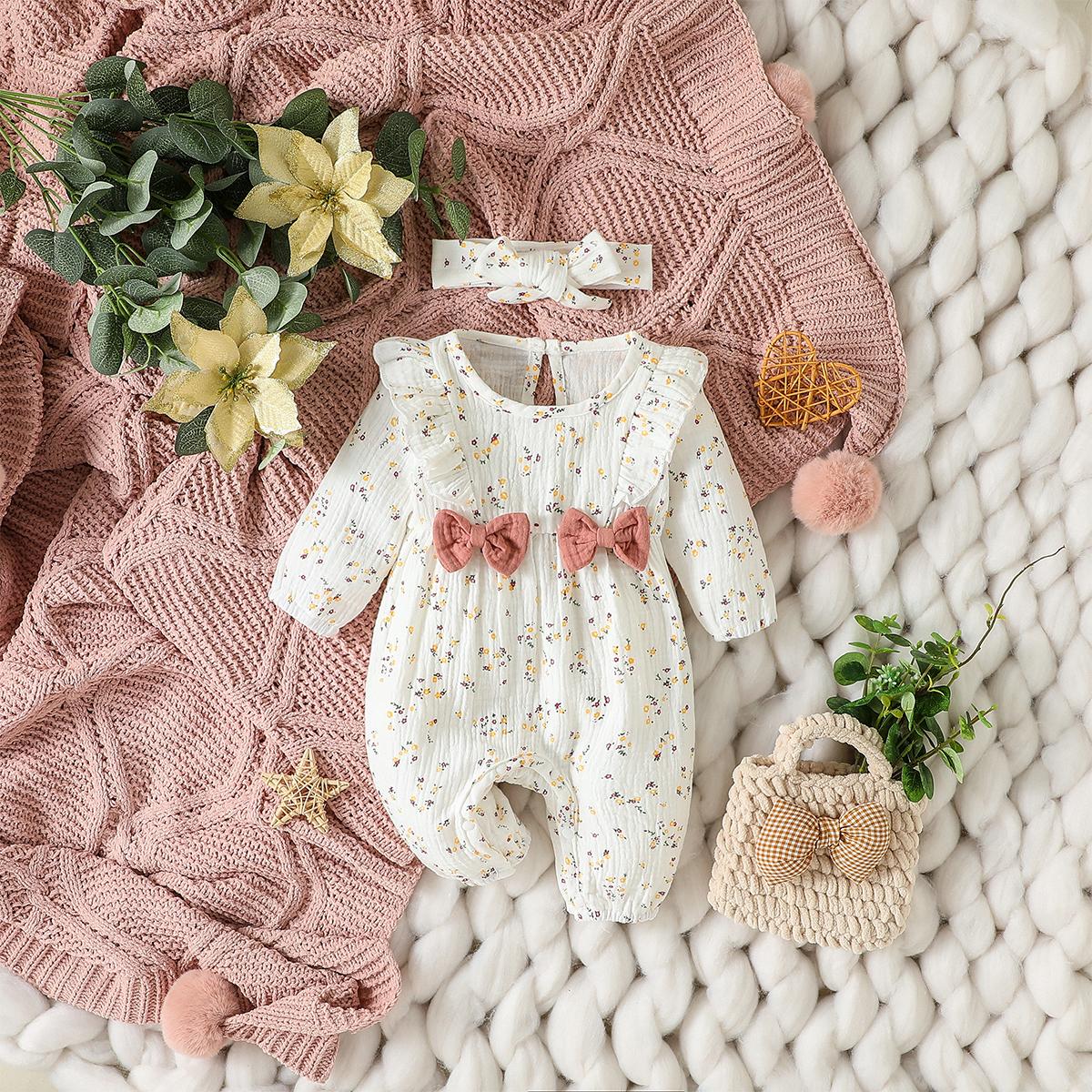 Baby Meisjes All Seasons Lange Mouwen Print Bloemen Met Strik Dagelijkse Jumpsuit Voor Pasgeboren-6M Kleding +Hoofdband 3-6M gray
