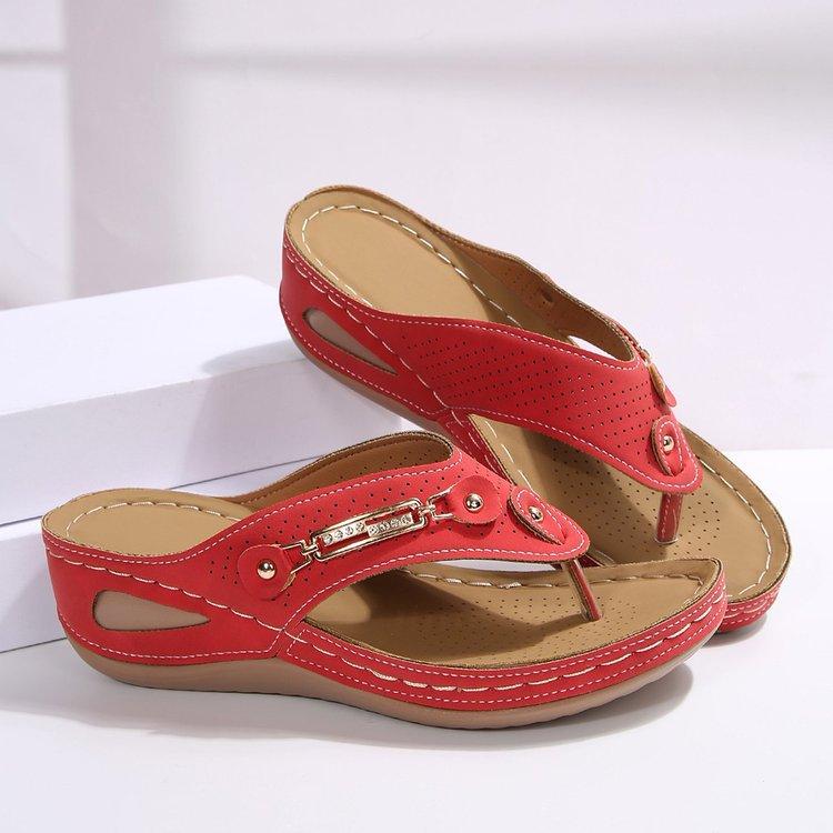 2025 Summer New Toe Sandals Women's Round Head Hollow Metal Buckle Heel Wear Solid Color Beach Flip-flops