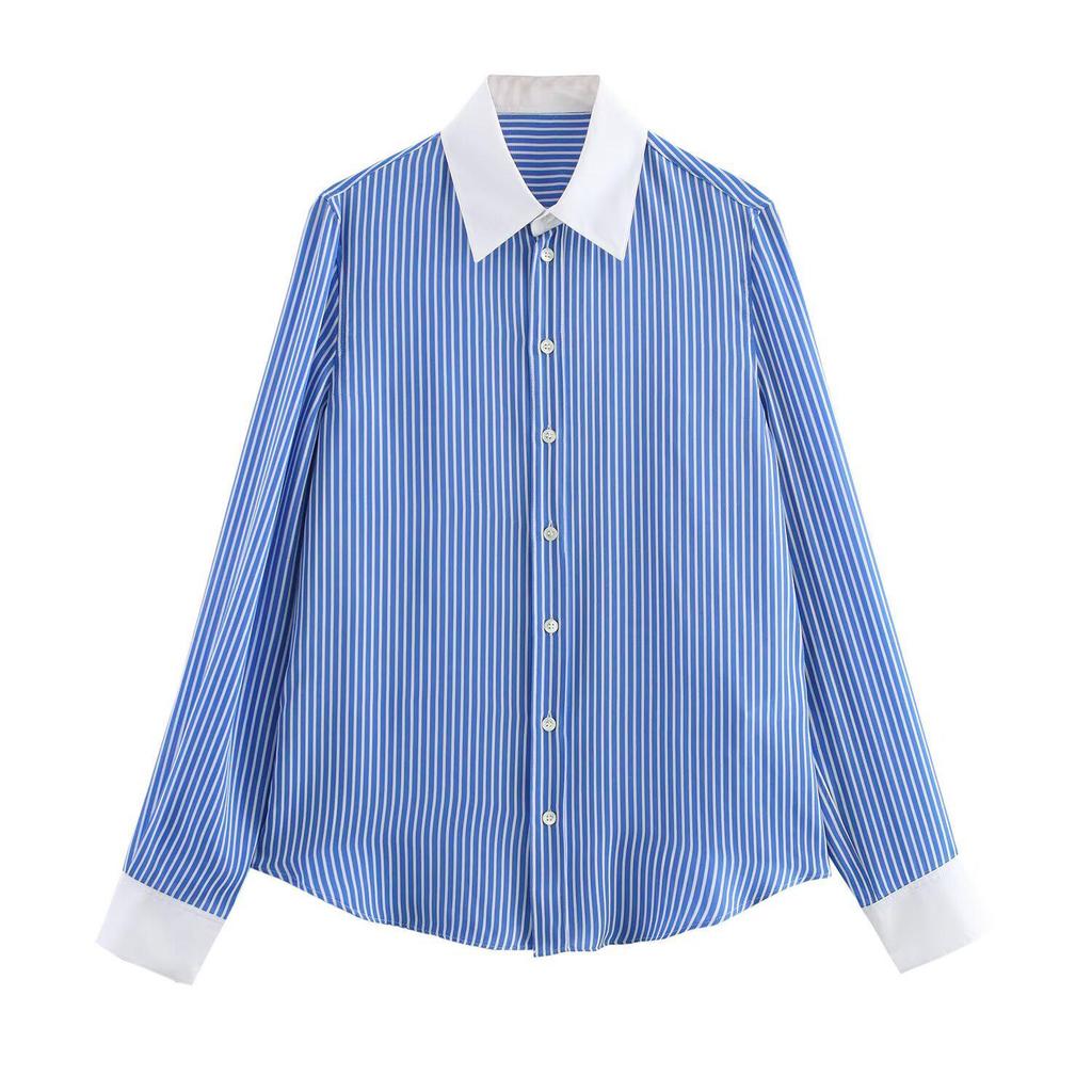 Color Block Striped Faux Silk Long Sleeve Shirt - European & American Style
