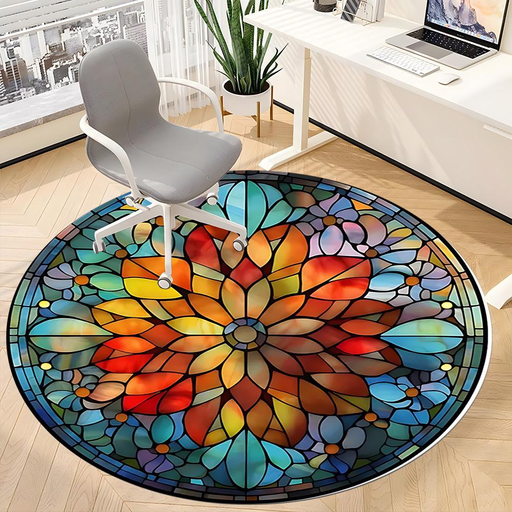 1pc Stained Glass Mandala Office Round Area Rug, Under Office Chairs Bedroom Living Room Home Decor, Room Deco