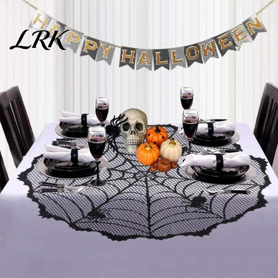Dark Halloween Aesthetic Decor Tablecloth, Black Lace Spider Web Table Cover, Spooky Gothic Lamp Shade for Masquerade, Party, Dinner Decoration