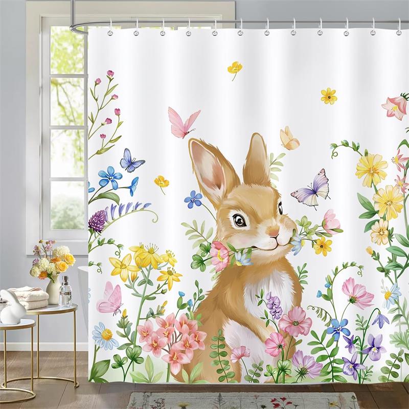 Spring Easter Bunny Shower Curtains Leaves Wildflower Watercolor Floral Rabbit Rustic Farmhouse Bathtub Bathroom Curtain Decor