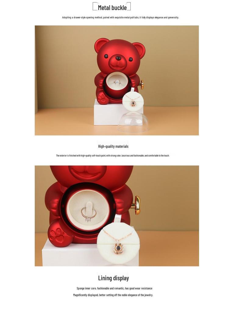 Teddy Bear Everlasting Flower Gift Box with Ring and Necklace