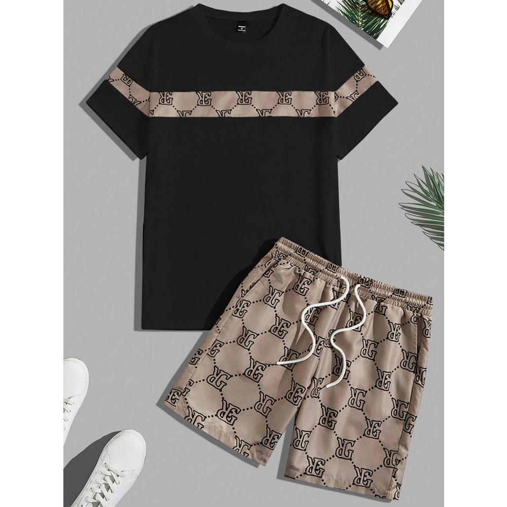 

Round-neck Printed Retro Men s Suit, Two-piece Set Short-sleeved Shirt, Comfortable And Breathable Suit XL