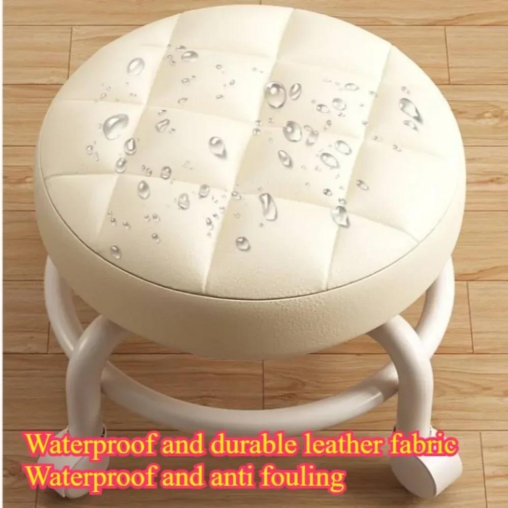Low Stool with Pulley Waterproof Leather Soft Stool Portable Circular Stool Thickening Sponge Chairs Home Shoe Changing Chair