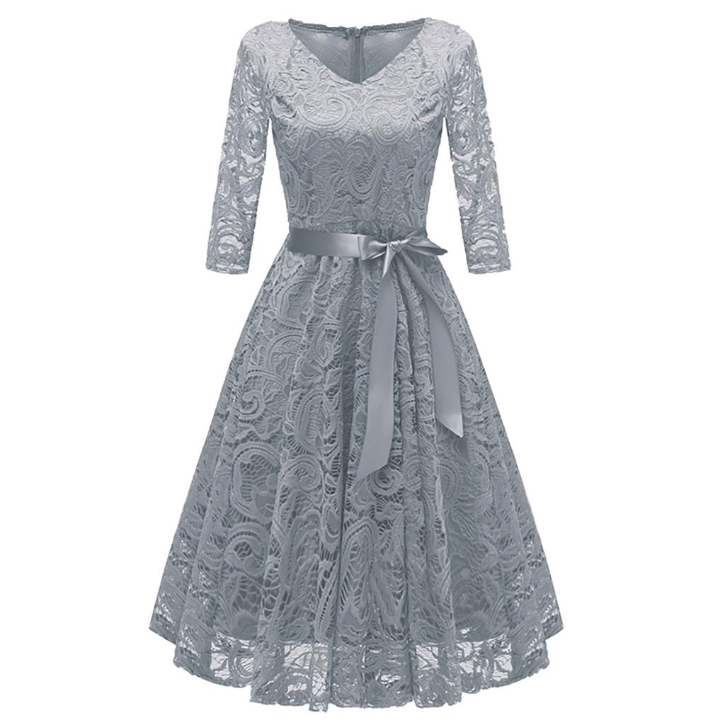 Dámská móda Vintage retro tenké večerní šaty s krajkovým výstřihem do V s dlouhým rukávem
