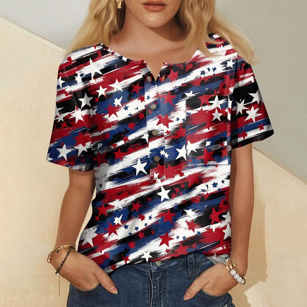 Women's Fashion Casual Short Sleeve Print Round Neck Pullover Top Blouse