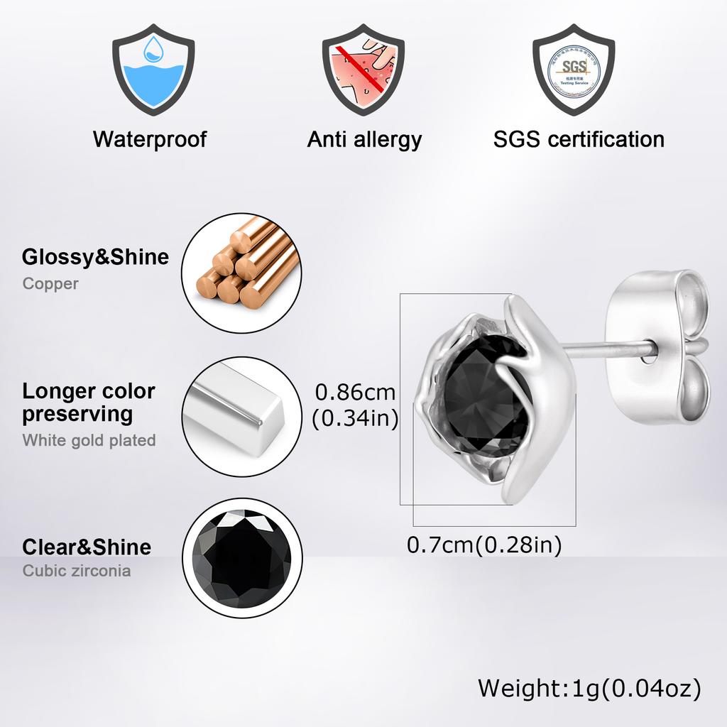 Vnox Copper Black White Zircon Stud Earrings for Men Women, Gold Silver Color Pierced Earring, 7x8.6mm Minimalist Jewelry Gifts