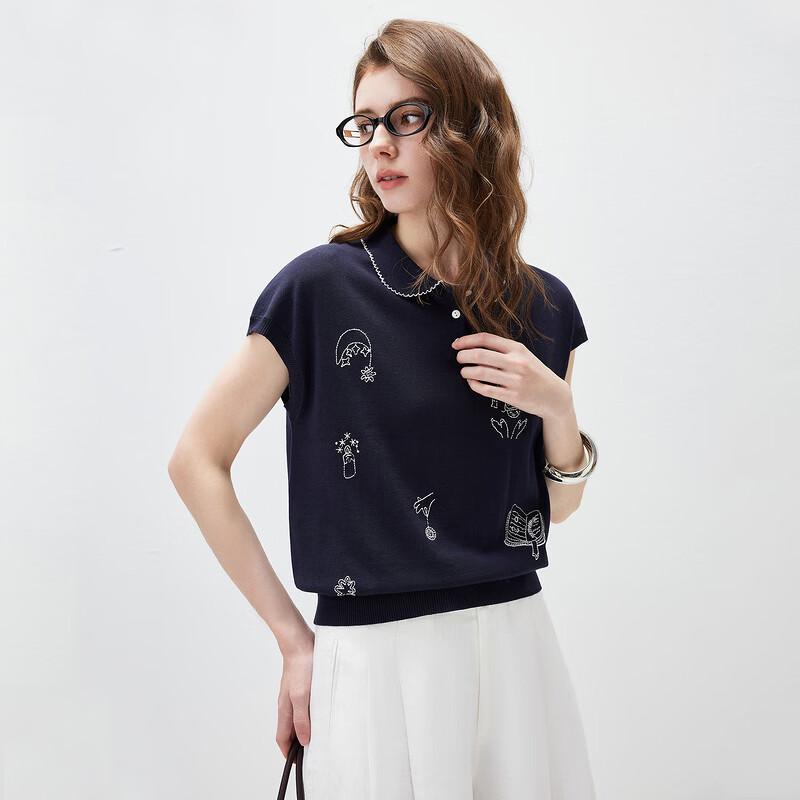 Women's Mulberry Silk Blend Embroidered Short Sleeve Knit Top