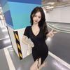 Sexy Black Dress Women's Summer New Temperament Drawstring Split Fork Slim Small Knee Dress