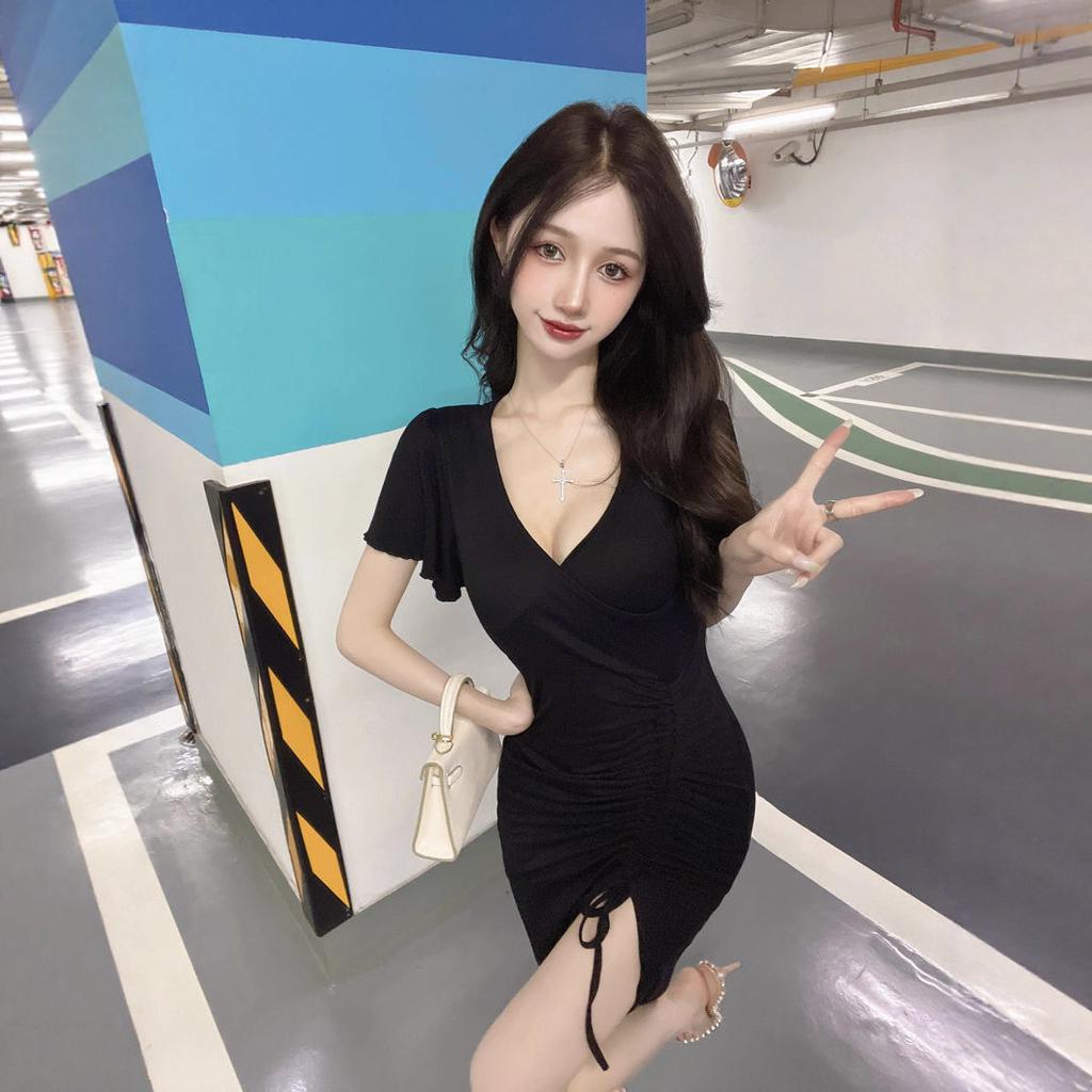 Sexy Black Dress Women's Summer New Temperament Drawstring Split Fork Slim Small Knee Dress