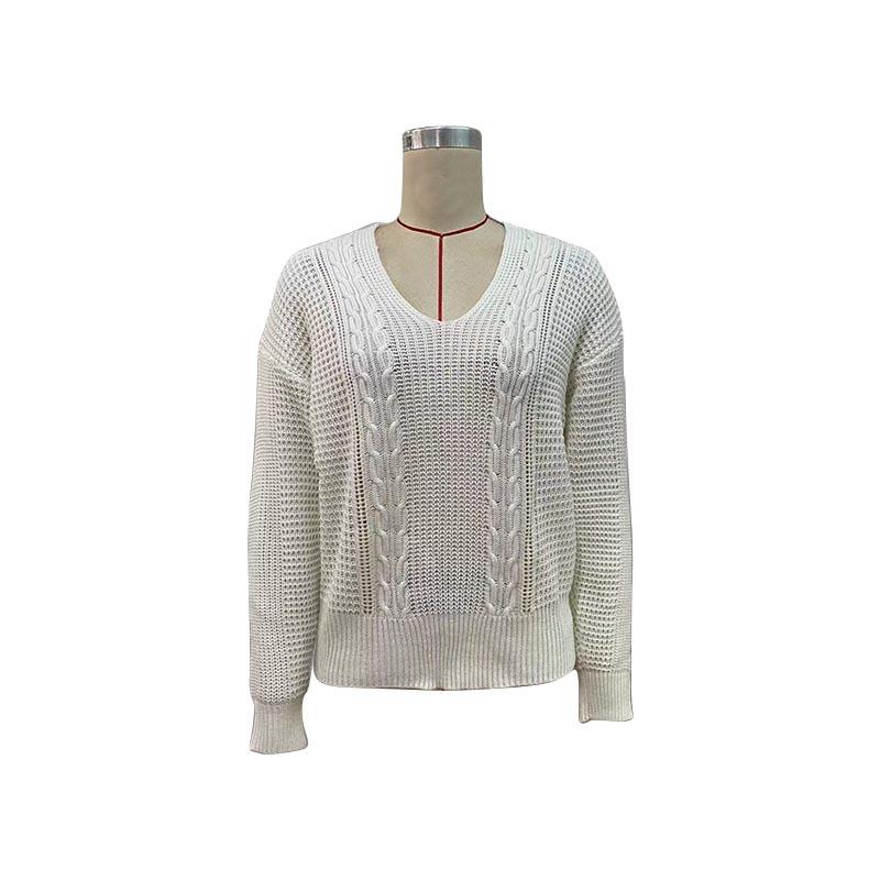 Autumn and Winter Women's Sweater Fashion Women's White Long Sleeve V-Neck Twist Sweater