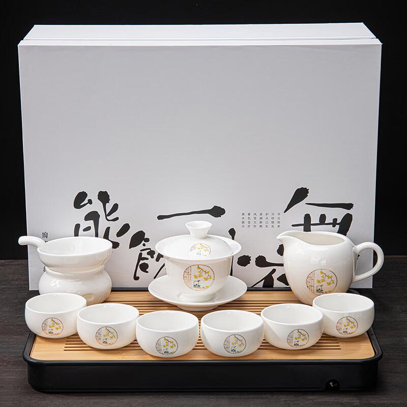 Lainuo Mutton-Fat Jade Porcelain Gaiwan Tea Set with Rectangular Tray
