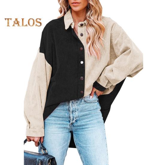 Women Corduroy Coat Lapel Long Sleeve Loose Fit Color Block Design Jacket Coat Single Breasted Casual Shirt Coat