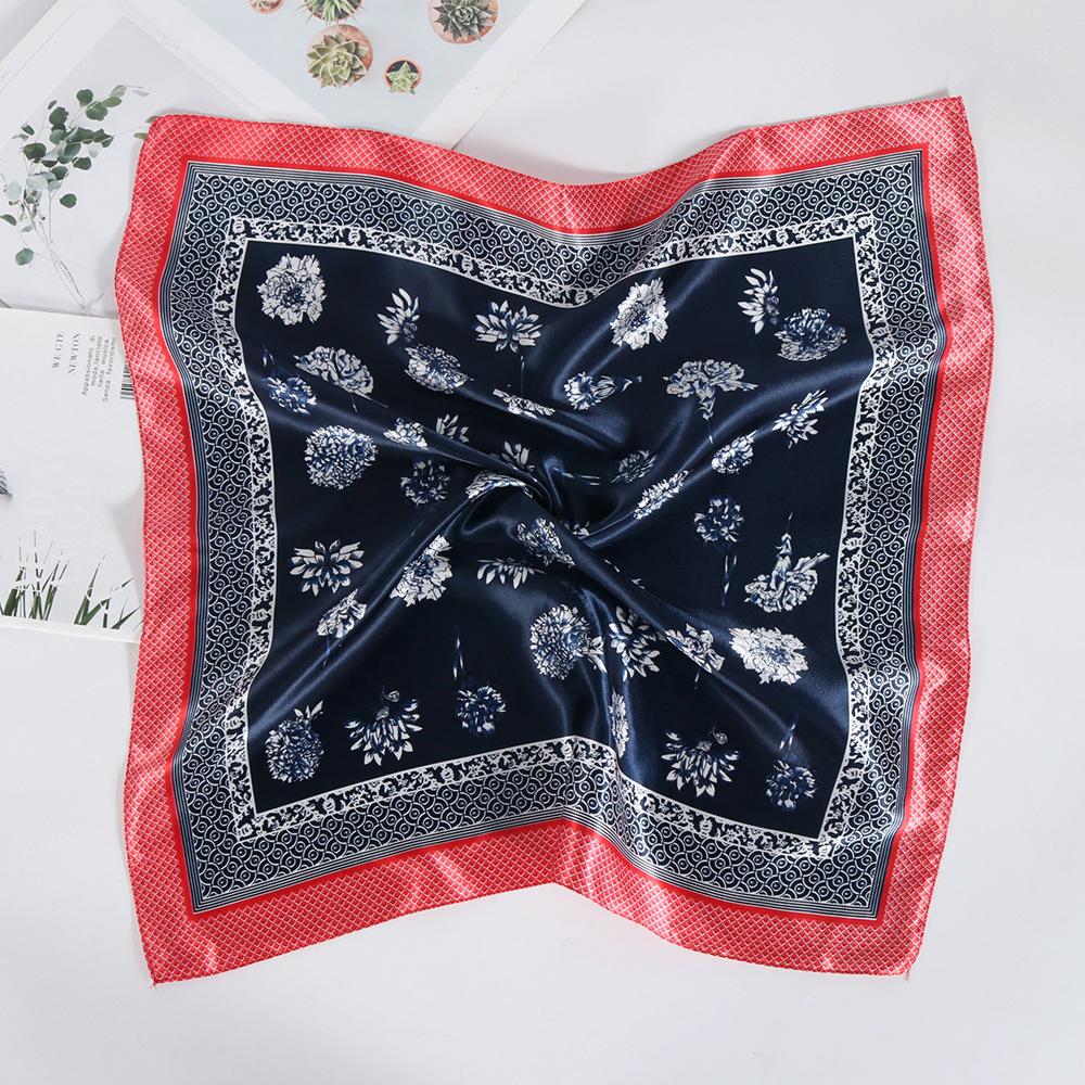 Stewardess Silk Scarf Fashion Flower Print 60Cm Small Square Scarf Satin Imitation Silk Scarf Decorative Scarf Neck Protection Scarf