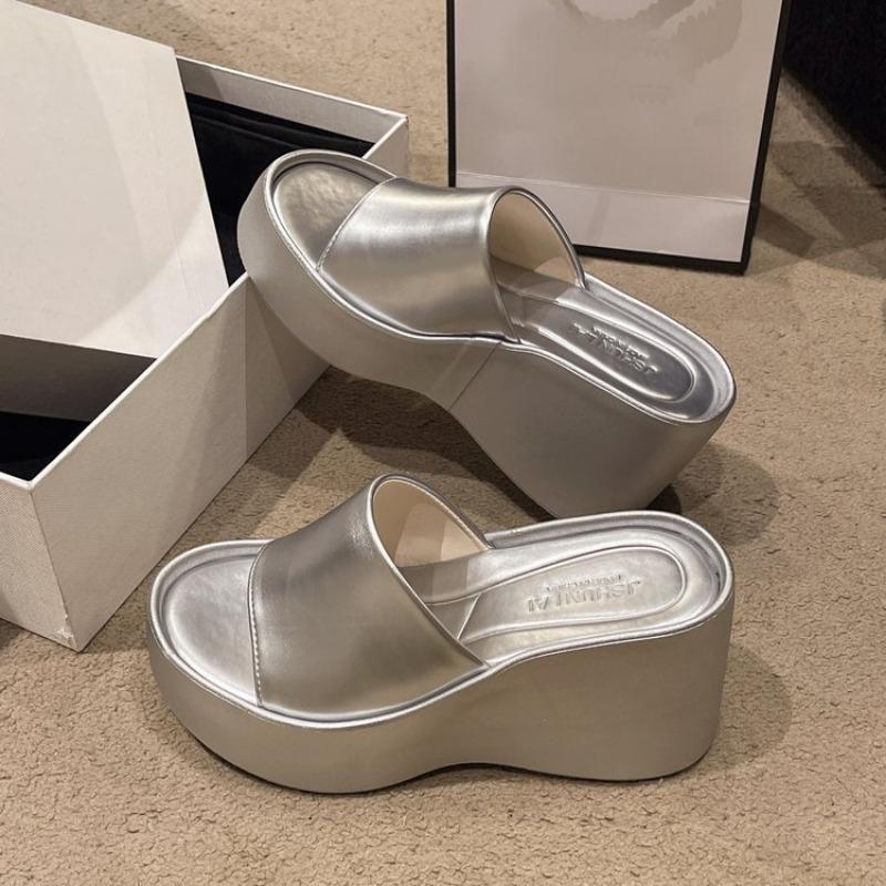 Fashion Style Women's Sandals Casual Summer Fashion Silver Wedges Shoes 5cm-8cm High Platform Sandals 2024 Flip Flops Women