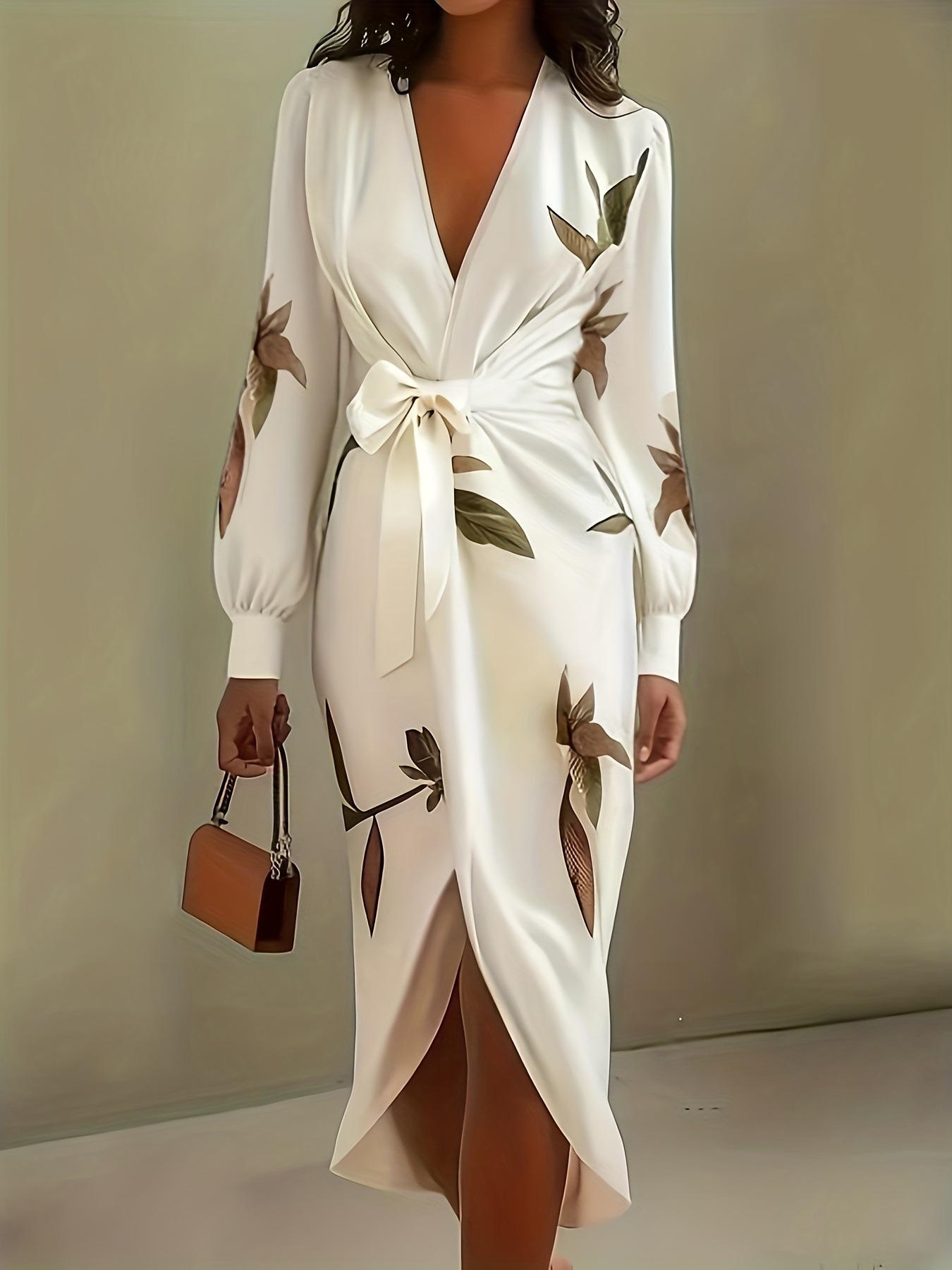 

European Fashion Satin Print V-neck Belted Long Sleeve Dress, 2025 Women s Long Skirt S білий