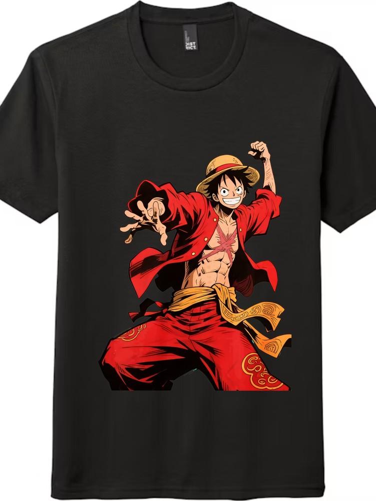 

One Piece Luffy Action Pose Casual T-Shirt, Cartoon Unisex Tee, Black and White 2XL