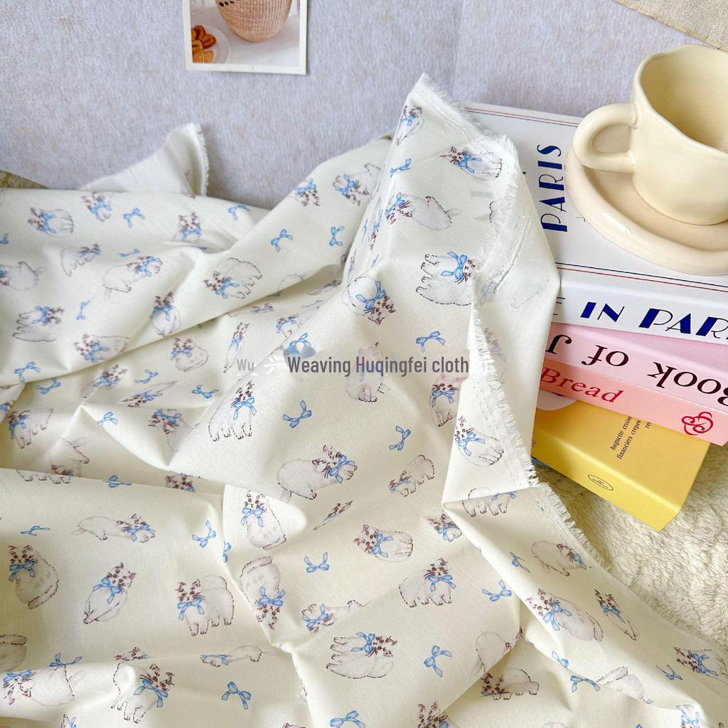 100% Cotton Korean Cat Bowknot Floral Fabric for Women's & Children's Clothing