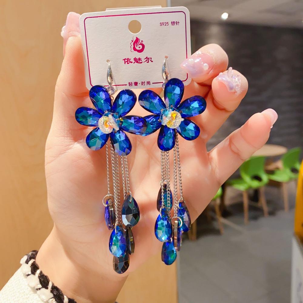 New Colorful Flower Tassel Crystal Long Dangle Drop Earrings for Women Korea Fashion Luxury Wedding Party Banquet Jewelry