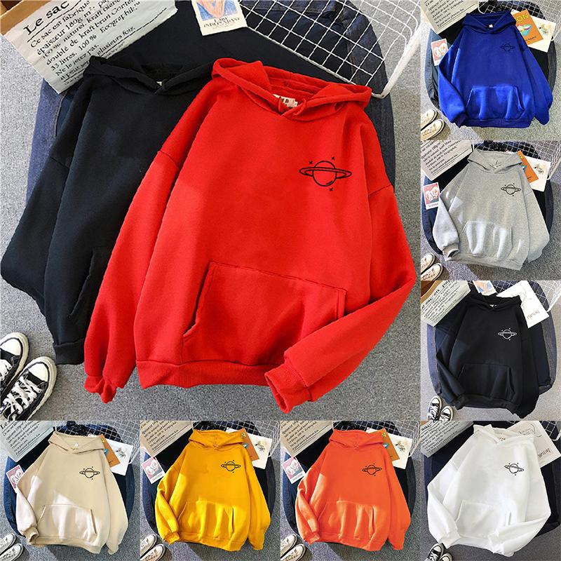 Sweatshirts Velvet Winter Women's Cute Saturn Printing Hooded Female 2025 Thicken Warm Casual Loose Hoodies Lady Autumn Tops
