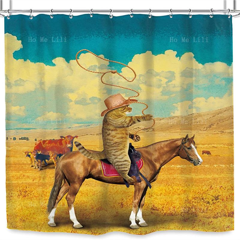 Funny Animals Shower Curtain,Cat Cowboy With Rifle Rides A Horse On Green Grass Ranch With Cow Dog Shower Curtains For Bathroom