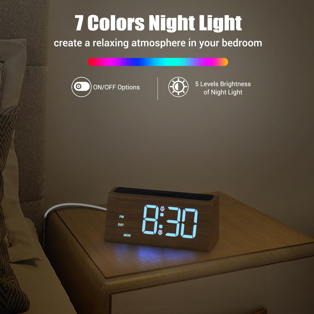 G60 Wood Grain Digital Clock Adjustable Volume & Dimmer Snooze DST Loud Alarm Wood Decor Electric Desk Clock with USB Port