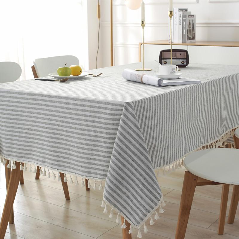 Japanese-Style Polyester-Cotton Simple Striped Plain Fringed Lace Yarn-Dyed Rectangular Tablecloth Coffee Table Dining Table Cloth