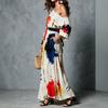 New Retro Off-the-shoulder Graffiti Print Split-ended Long Dress Europe and America