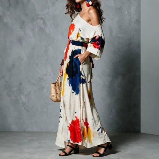 New Retro Off-the-shoulder Graffiti Print Split-ended Long Dress Europe and America