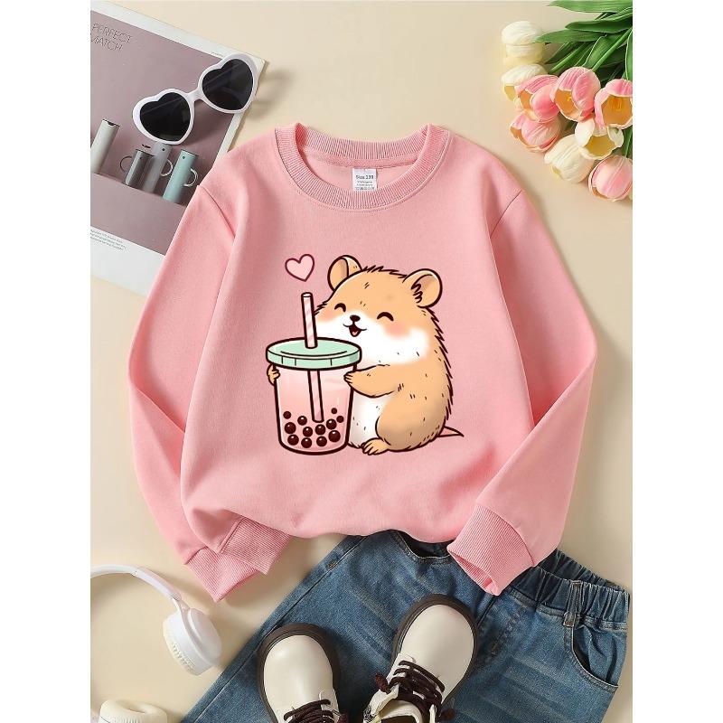 European sizes Kids' Crewneck Sweatshirt - Cute Hamster with Bubble Tea , Sportswear And Casual Wear, Soft And Comfortable, Children's Clothing