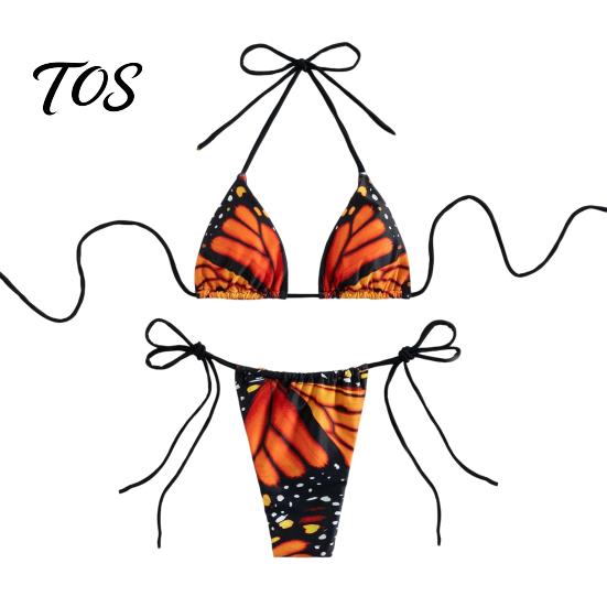 Adjustable Swimwear Women Butterfly Print Bikini Set, Halter Tie Top & Side Thong, Sexy Triangle Swimsuit Two Piece Swimsuit, Beach Bathing