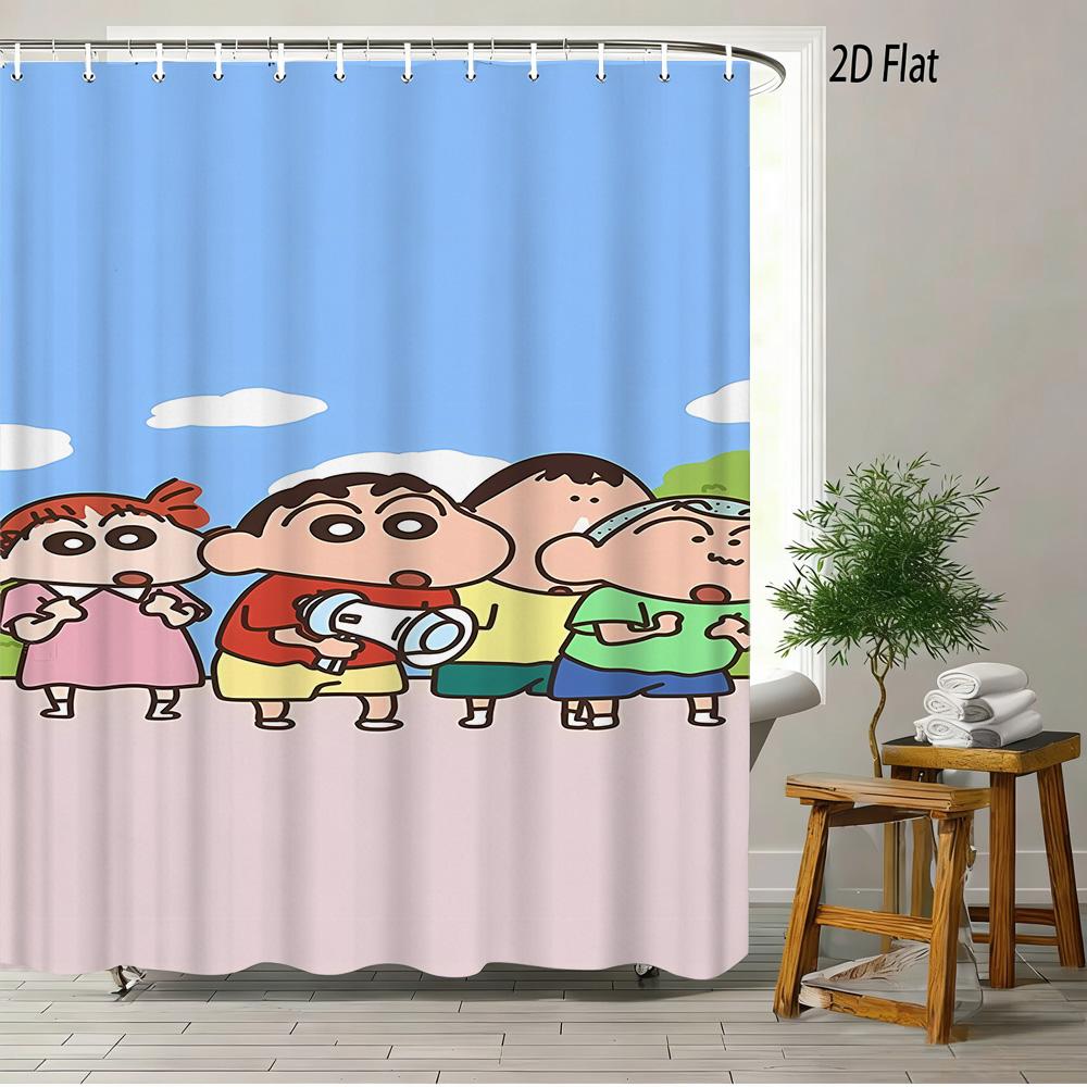 Crayon Shin-Chan & Friends & Shiro & Strange Creature On Green Grass Scene 2D Print Waterproof Shower Curtain, Bright Green Bath