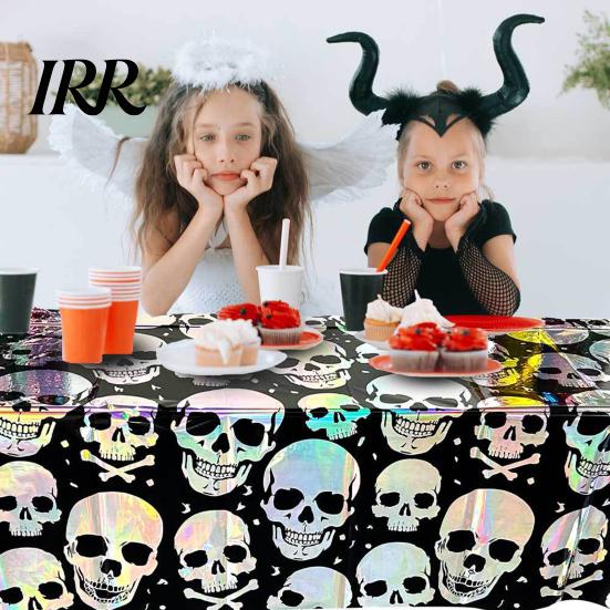 Halloween Background Skull Foil Fringe Curtain, Iridescent Disposable Tablecloth, Tinsel Curtain Table Cover Backdrop for Holiday Party Decoration