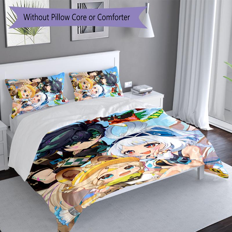 Set lenzuola con motivo personaggi Genshin Impact 3 pezzi set copripiumino include copripiumino e federe, decorazione camera da letto e regalo perfetti per tutte le stagioni